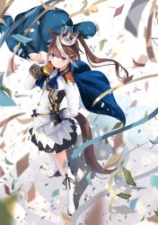 Rule 34 | 1girl, absurdres, animal ears, ascot, asymmetrical gloves, black gloves, black shirt, black skirt, blue eyes, blue jacket, boots, brown hair, confetti, crown, epaulettes, force (fossan 01), full body, gloves, hand on own hip, hand up, highres, holding, holding clothes, holding jacket, horse ears, horse girl, horse tail, jacket, unworn jacket, knee boots, light blush, long hair, long sleeves, looking at viewer, mismatched gloves, multicolored hair, pink ascot, pleated skirt, shirt, simple background, skirt, smile, solo, standing, streaked hair, tail, tokai teio (umamusume), two-tone hair, two-tone shirt, two-tone skirt, umamusume, uniform, white background, white footwear, white gloves, white hair, white shirt, white skirt