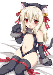 Rule 34 | 1girl, animal ears, animal hands, bell, black gloves, black leotard, black thighhighs, blonde hair, breasts, cat ears, cat tail, center opening, commentary request, dangeroes beast (illya), elbow gloves, fate/kaleid liner prisma illya, fate (series), gloves, highleg, highleg leotard, illyasviel von einzbern, illyasviel von einzbern (beast style), jingle bell, leotard, long hair, looking at viewer, navel, official alternate costume, paw gloves, red eyes, red ribbon, ribbon, simple background, sitting, small breasts, smile, tail, thighhighs, thighs, toshishikisai, white background
