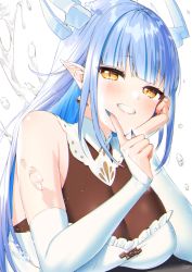 Rule 34 | 1girl, arm up, blue hair, blue nails, bodysuit, breasts, copyright request, detached sleeves, dress, grin, hand on own cheek, hand on own face, hand up, headgear, highres, itohana, large breasts, long hair, looking at viewer, nail polish, see-through, simple background, smile, solo, straight hair, virtual youtuber, white background, white dress, white sleeves, yellow eyes