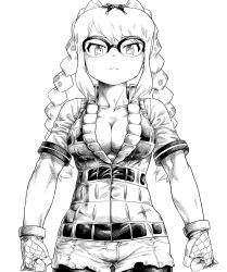 Rule 34 | 0x0082, 1girl, arms at sides, bare arms, bow, braid, breasts, cleavage, clenched hands, closed mouth, collarbone, collared vest, cowboy shot, fingerless gloves, glasses, gloves, greyscale, hair bow, high collar, highres, kemono friends, long hair, looking at viewer, medium breasts, monochrome, over-rim eyewear, partially unzipped, semi-rimless eyewear, short shorts, short sleeves, shorts, simple background, solo, spectacled caiman (kemono friends), spiked gloves, spikes, tsurime, twin braids, vest, white background, zipper