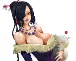 Rule 34 | 00s, 1girl, black hair, breasts, cleavage, dress, final fantasy, final fantasy x, hair over one eye, jewelry, kazaana, large breasts, light smile, lips, lipstick, long hair, lulu (ff10), makeup, mole, mole under mouth, moogle, necklace, pink eyes, simple background, solo, square enix, strapless, strapless dress, upper body, white background