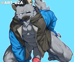 Rule 34 | 1boy, alternate pectoral size, anal fingering, arknights, bara, erection, feet out of frame, fingering, furry, furry male, grey fur, highres, hyena boy, hyena ears, hyena tail, jacket, large pectorals, looking to the side, male focus, male masturbation, masturbation, muscular, muscular male, naked jacket, no eyebrows, one eye closed, open clothes, open jacket, original, pectoral cleavage, pectorals, penis, short hair, solo, spot (arknights), uza (hellme), veins, veiny penis