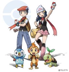 Rule 34 | 1boy, 1girl, :d, absurdres, arm up, armpits, artist name, backpack, bag, beanie, black hair, boots, chimchar, commentary request, creatures (company), dawn (pokemon), duffel bag, eyelashes, game freak, gen 4 pokemon, grey eyes, hair ornament, hairclip, hat, highres, holding, holding poke ball, knees, looking at viewer, lucas (pokemon), nintendo, open mouth, over-kneehighs, pants, piplup, poke ball, poke ball (basic), poke ball symbol, pokemon, pokemon (creature), pokemon dppt, scarf, shoes, short hair, short sleeves, sleeveless, smile, standing, starter pokemon trio, tellzeta, thighhighs, tongue, turtwig, white headwear, yellow bag, zipper pull tab