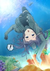 Rule 34 | !, 10s, 1girl, air bubble, arm above head, black pantyhose, blue eyes, blue hair, breasts, bubble, chestnut mouth, clenched hand, clownfish, coral, cosplay, cropped jacket, enoshito, female focus, fish, full body, garrison cap, hat, highres, kantai collection, large breasts, long hair, long sleeves, matching hair/eyes, messy hair, military, military uniform, open mouth, pantyhose, pointing, puffy sleeves, sea turtle, solo, souryuu (kancolle), spoken exclamation mark, turtle, u-511 (kancolle), u-511 (kancolle) (cosplay), underwater, uniform, upside-down