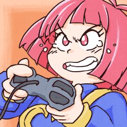 angry beachepisode blue_robe bob_cut clenched_teeth controller cotton_(character) cotton_(game) eyelashes floating_hair gradient_background holding holding_controller orange_background panorama_cotton playing_games red_eyes red_hair robe short_hair tears teeth upper_body video_game