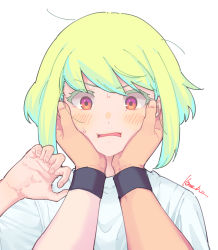 Rule 34 | 2boys, androgynous, blush, galo thymos, green hair, hands on another&#039;s face, highres, kome 1022, lio fotia, male focus, multiple boys, parted lips, promare, shirt, short hair, sidelocks, signature, simple background, sweatdrop, thick eyelashes, white background, white shirt