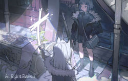 Rule 34 | 2girls, animal ears, bag, black footwear, black hair, black jacket, black legwear, black shirt, black shorts, blouse, bored, cat ears, closed mouth, cross, english text, fingerless gloves, fur-trimmed jacket, fur trim, gloves, gun, highres, holding, holding gun, holding weapon, industrial pipe, jacket, long hair, long sleeves, multiple girls, noco (pixiv14976070), off shoulder, original, plant, pointing, rifle, shirt, short hair, short shorts, shorts, shoulder bag, socks, standing, typo, weapon, white hair, window