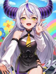 Rule 34 | 1girl, ahoge, ascot, bare shoulders, black dress, black horns, demon horns, detached sleeves, dress, grey hair, highres, hololive, horns, imahuku, la+ darknesss, la+ darknesss (1st costume), long hair, looking at viewer, multicolored hair, o-ring, open mouth, pantyhose, pinafore dress, pointy ears, purple hair, purple pantyhose, single leg pantyhose, sleeveless, sleeveless dress, slit pupils, smile, solo, streaked hair, striped horns, virtual youtuber, yellow ascot, yellow eyes
