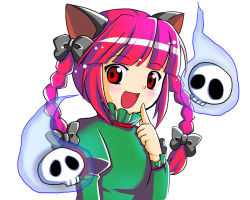 Rule 34 | 1girl, animal ears, blush, braid, cat ears, cat girl, female focus, ghost, kaenbyou rin, long hair, looking at viewer, open mouth, red eyes, red hair, ribbon, simple background, smile, solo, touhou, twin braids, white background