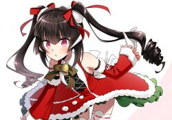 1girl black_hair detached_sleeves dress drill_hair floating_hair fur-trimmed_dress fur-trimmed_sleeves fur_trim gloves hair_ribbon holding holding_own_hair lanlanlap leaning_forward long_hair long_sleeves open_mouth red_dress red_eyes red_ribbon red_sleeves ribbon ribbon-trimmed_thighhighs ribbon_trim senki_zesshou_symphogear sleeveless sleeveless_dress solo thighhighs tsukuyomi_shirabe twin_drills twintails very_long_hair white_background white_gloves white_ribbon white_thighhighs