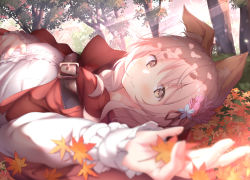 Rule 34 | 1girl, animal ear fluff, animal ears, autumn, autumn leaves, blurry, borrowed character, brown eyes, capelet, depth of field, forest, highres, hood, hood down, hooded capelet, leaf, light brown hair, light rays, little red riding hood, long hair, long sleeves, looking at viewer, lying, nature, on back, original, shirt, smile, sunbeam, sunlight, tree, ukiwakisen, wolf-chan (wataame27), wolf ears