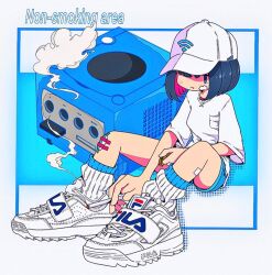 Rule 34 | 1girl, bandaid, bandaid on cheek, bandaid on face, bandaid on knee, bandaid on leg, baseball cap, blue background, blue eyes, blue hair, blue shorts, bob cut, breast pocket, breasts, cigarette, closed mouth, colored inner hair, commentary, dark blue hair, english text, fila, full body, game console, gamecube, hair over one eye, hat, holding, holding cigarette, holding lighter, knees up, lighter, looking at viewer, medium hair, multicolored hair, nao97122, one eye covered, open mouth, original, pocket, purple hair, ribbed socks, shirt, shoes, short sleeves, shorts, sitting, small breasts, smoke, smoking, sneakers, socks, solo, streetwear, two-tone hair, white footwear, white hat, white shirt, white socks