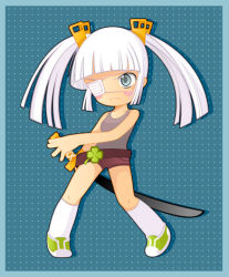 Rule 34 | 1girl, alice vysochina, belt, blunt bangs, blush stickers, chibi, clover, eyepatch, four-leaf clover, grey eyes, long hair, lowres, original, shoes, shorts, sneakers, socks, solo, sword, tank top, twintails, weapon, white hair