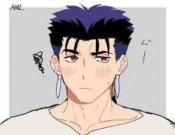 Rule 34 | 1boy, blue hair, blush, border, closed mouth, collarbone, cu chulainn (fate), fate/stay night, fate (series), frown, hal (haaaalhal), looking to the side, male focus, ponytail, red eyes, shirt, silver earrings, solo, squiggle, sweatdrop, translation request, upper body, white border, white shirt