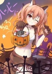 Rule 34 | 1girl, animal ear fluff, animal ears, animal hands, blush, breasts, candy, commentary request, eyebrows, fake animal ears, fence, food, gloves, halloween, highres, hitomi13, inaba meguru, jack-o&#039;-lantern, jewelry, miniskirt, navel, necklace, one eye closed, orange eyes, orange hair, paw gloves, sanoba witch, skirt, smile, solo, tail, teeth, translation request, twintails