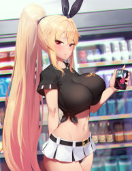 Rule 34 | 1girl, absurdres, arm behind back, belt, black panties, black shirt, blonde hair, blush, breasts, buckle, condom box, convenience store, daydream (zhdkffk21), hair intakes, hair tie, high ponytail, highres, holding, huge filesize, impossible clothes, impossible shirt, large breasts, long hair, looking at viewer, microskirt, midriff, navel, original, panties, red eyes, shirt, shop, skirt, solo, t-shirt, tied shirt, underwear, very long hair