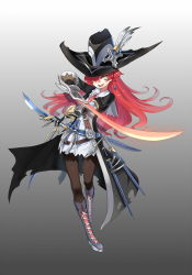 Rule 34 | 1girl, absurdres, black hat, black pantyhose, blush, character request, copyright request, dual wielding, earrings, full body, hair over one eye, hat, highres, holding, holding sword, holding weapon, jewelry, long hair, looking at viewer, pantyhose, qihai lunpo, red hair, smile, solo, sword, teeth, weapon, yellow eyes