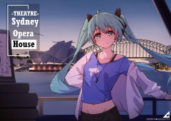 Rule 34 | 1girl, ahoge, artist name, australia, black ribbon, blue eyes, blue hair, blue shirt, blue sky, blurry, blurry foreground, bridge, building, casual, cityscape, closed mouth, cloud, collarbone, cowboy shot, dated, day, depth of field, groin, hair ribbon, hatsune miku, highres, jacket, jewelry, landmark, long hair, long sleeves, looking at viewer, navel, necklace, off shoulder, open clothes, open jacket, railing, real world location, ribbon, river, shirt, sky, smile, solo, standing, sydney, sydney (city), sydney opera house, twintails, very long hair, vocaloid, water, white jacket, zhayin-san