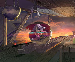 Rule 34 | 1girl, ahoge, bottle, bowl, bowl hat, catapult, chain, chair, cloud, commentary request, crack, fishing hook, hat, highres, in bowl, in container, map, obi, purple hair, red eyes, red sky, sash, sky, solo, sukuna shinmyoumaru, syope, table, torn clothes, touhou
