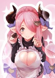 Rule 34 | 1girl, apron, bad id, bad pixiv id, black eyes, blush, bow, braid, breasts, candy, chocolate, chocolate heart, cleavage, cleavage cutout, closed mouth, clothing cutout, crown braid, draph, food, frilled apron, frills, from above, granblue fantasy, hair bow, hair over one eye, heart, holding, holding food, horns, large breasts, long hair, long sleeves, looking at viewer, looking up, low-tied long hair, narmaya (granblue fantasy), narmaya (valentine) (granblue fantasy), pink hair, pinky out, pointy ears, purple bow, ramuda (guilty931), red sweater, smile, solo, sparkle, sweater, tareme, two-tone background, upper body, very long hair, white apron