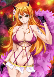 Rule 34 | 1girl, breasts, cleavage, flower hair ornament, highres, huge breasts, large breasts, nami (one piece), navel, one piece, orange hair, rider (orange couture), smile