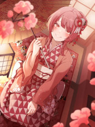 Rule 34 | 1girl, absurdres, blurry, blurry foreground, commentary request, dutch angle, flower, grin, hair bun, haori, highres, huge filesize, indoors, japanese clothes, kimono, looking at viewer, nail polish, nengajou, new year, obi, oil-paper umbrella, original, pink eyes, pink flower, pink hair, print kimono, sash, seiza, short hair with long locks, single hair bun, sitting, smile, solo, tatami, tokufumi, triangle print, umbrella