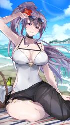 Rule 34 | 1girl, alternate costume, basket, beach, bottle, breasts, choker, commission, commissioner upload, fire emblem, fire emblem: genealogy of the holy war, flower, hair flower, hair ornament, highres, ishtar (fire emblem), large breasts, nintendo, one-piece swimsuit, purple eyes, purple hair, sarong, skeb commission, sunglasses, swimsuit, tobio illust, water, white one-piece swimsuit