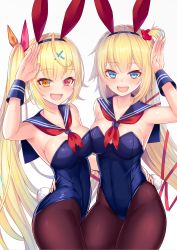 Rule 34 | 2girls, :d, akai haato, animal ears, black legwear, blonde hair, blue eyes, blush, breasts, rabbit ears, rabbit tail, commentary request, crossover, detached collar, fang, hair ornament, hand on own hip, heart, heart hair ornament, heterochromia, highres, hololive, hoshikawa sara, large breasts, long hair, multiple girls, nijisanji, open mouth, pantyhose, playboy bunny, red eyes, sailor collar, side ponytail, simple background, smile, tail, virtual youtuber, x hair ornament, yellow eyes, yoshiheihe