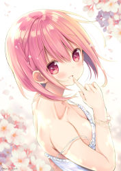 Rule 34 | 1girl, alternate hairstyle, artist name, blouse, blush, bracelet, breasts, cherry blossoms, downblouse, finger to mouth, highres, hinako note, jewelry, march-bunny, pink eyes, pink hair, sakuragi hinako, shirt, short hair, shoulder strap, smile, solo, white shirt