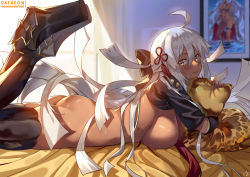 Rule 34 | 1girl, ahoge, ass, bed sheet, black footwear, blush, boots, breasts, closed eyes, club3, dark-skinned female, dark skin, day, drawing (object), fate/grand order, fate (series), from side, hair between eyes, hair ribbon, hugging object, indoors, large breasts, legs up, long hair, looking at viewer, looking to the side, lying, nude, okita souji (fate), okita souji alter (fate), on bed, on stomach, patreon username, pillow, pillow hug, red neckwear, ribbon, short sleeves, shrug (clothing), signature, silver hair, smile, solo, sunlight, tassel, thigh boots, thighhighs, very long hair, watermark, web address, yellow eyes
