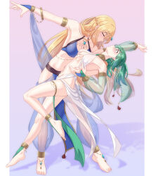 Rule 34 | 2girls, absurdres, anklet, arada (corsair zero), arm around waist, armlet, barefoot, bracelet, breasts, bridal gauntlets, bridal legwear, brown eyes, character request, circlet, closed eyes, collarbone, commission, copyright request, dancer, dancing, detached sleeves, earrings, gradient background, green hair, harem pants, highres, jewelry, long hair, looking at another, medium breasts, multiple girls, navel, necklace, pants, pelvic curtain, pink background, plantar flexion, purple background, revealing clothes, see-through, see-through legwear, see-through sleeves, shadow, shawl, stomach, tassel, thighlet, twintails, two-tone background, veil, very long hair