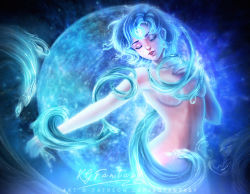 Rule 34 | 1girl, arched back, armpits, artist name, artistic nudity, bishoujo senshi sailor moon, blue hair, breasts, closed eyes, closed mouth, collarbone, completely nude, expressionless, eyelashes, facial mark, female focus, fingernails, forehead mark, hand on own chest, hydrokinesis, kgfantasy, light rays, lipstick, long fingernails, makeup, mercury (planet), mercury symbol, mizuno ami, navel, neck, nude, outstretched arm, outstretched arms, parted bangs, parted lips, planet, sailor mercury, short hair, small breasts, space, spread arms, unworn clothes, upper body, water