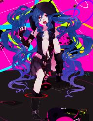 Rule 34 | 1girl, bad id, bad pixiv id, blue hair, elbow gloves, fingerless gloves, gloves, hatsune miku, long hair, open mouth, red eyes, sitting, skirt, solo, torn clothes, twintails, uryu, very long hair, vocaloid