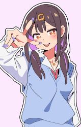 Rule 34 | 1girl, :d, :p, black hair, blue vest, blush, brown eyes, colored inner hair, commentary, fingernails, gradient background, gyaru, hair ornament, hairclip, highres, kogal, long fingernails, long hair, long sleeves, looking at viewer, low twintails, multicolored hair, noyama takenoko, onii-chan wa oshimai!, open mouth, outline, oyama mihari, pink background, purple hair, purple nails, shirt, simple background, smile, solo, tongue, tongue out, twintails, two-tone hair, upper body, v, vest, white outline, white shirt, wing collar