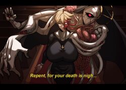 Rule 34 | 1girl, absurdres, alecto 0, beads, blonde hair, breasts, closed mouth, commentary, covered erect nipples, cowboy shot, cross, double (skullgirls), eldritch abomination, english commentary, english text, highres, horror (theme), huge breasts, lips, monster, monster girl, nun, prayer beads, red eyes, short hair, skull, skullgirls, subtitled, traditional nun, transformation