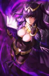 Rule 34 | 1girl, athenawyrm, belt, black cape, black gloves, black hair, blush, bodystocking, book, breasts, cape, circlet, cleavage, commentary, covered navel, elbow gloves, eu03, fire emblem, fire emblem awakening, foreshortening, glaring, gloves, glowing, green eyes, holding, holding book, jewelry, loincloth, long hair, looking at viewer, looking up, magic, medium breasts, neck ring, nintendo, open book, parted lips, signature, skin tight, smile, standing, tharja (fire emblem), thigh strap, two side up