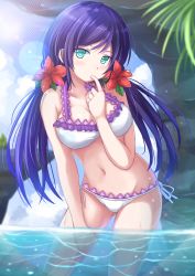 Rule 34 | 10s, 1girl, bikini, blush, breasts, day, finger in own mouth, flower, frilled bikini, frills, hair flower, hair ornament, hand on own thigh, hibiscus, highres, kazenokaze, large breasts, long hair, looking at viewer, love live!, love live! school idol festival, love live! school idol project, navel, partially underwater shot, purple hair, side-tie bikini bottom, sky, soaking feet, solo, swimsuit, tojo nozomi, twintails, underwater, wading, water, white bikini