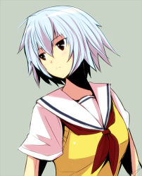 Rule 34 | 10s, 1girl, bad id, bad pixiv id, ben-tou, blue hair, expressionless, green background, kichihachi, looking away, red eyes, school uniform, short hair, simple background, solo, sweater vest, upper body, yarizui sen