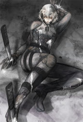 Rule 34 | 1boy, ash (ash1210), blood, colored blood, cyborg, impaled, male focus, metal gear (series), metal gear solid 4: guns of the patriots, raiden (metal gear), signature, solo, sword, weapon, white blood, white hair