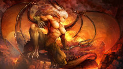 Rule 34 | 1girl, abs, armpits, breasts, brown eyes, claws, dragon&#039;s crown, dragon girl, dragon horns, dragon tail, dragon wings, embers, female focus, game cg, highres, holding, holding weapon, horns, large breasts, long hair, looking away, looking to the side, lava, monster girl, muscular, muscular female, no nipples, no pussy, nude, official art, pointy ears, polearm, pursed lips, rock, scales, shigatake, smoke, solo, spread legs, spread wings, tail, thick thighs, thighs, trident, vanillaware, weapon, white hair, wings