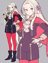 Rule 34 | 1girl, ascot, cape, closed mouth, commentary request, do m kaeru, edelgard von hresvelg, fire emblem, fire emblem: three houses, forehead, full body, garreg mach monastery uniform, gloves, grey background, hair ribbon, hand on own hip, long hair, long sleeves, looking at viewer, nintendo, pantyhose, purple eyes, purple ribbon, red cape, red pantyhose, ribbon, simple background, solo, twitter username, uniform, white ascot, white gloves, white hair