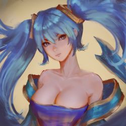 Rule 34 | 1girl, bad id, bad tumblr id, bare shoulders, blue dress, blue eyes, blue hair, breasts, cleavage, collarbone, dress, female focus, hair between eyes, head tilt, highres, large breasts, league of legends, light blue hair, long hair, looking at viewer, neck, raikoart, serious, solo, sona (league of legends), strapless, strapless dress, twintails, upper body