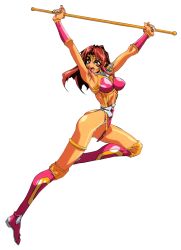 Rule 34 | 1990s (style), armor, armpits, arms up, ass, brown hair, choujin gakuen gowcaizer, earrings, fang, highres, jewelry, oobari masami, power suit, retro artstyle, skinny, son karin, spandex, tan, technos