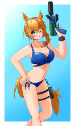 Rule 34 | 1girl, ;p, alternate costume, alternate hairstyle, animal ears, bikini, blue background, blue eyes, border, braid, braided ponytail, breasts, brown hair, cleavage, commentary request, ear ornament, feet out of frame, hand on own hip, highres, holding, holding water gun, holster, horse ears, horse girl, horse tail, jewelry, large breasts, medium hair, necklace, one eye closed, outside border, ponytail, side-tie bikini bottom, solo, swimsuit, taiki shuttle (umamusume), tail, thigh holster, thigh strap, tongue, tongue out, umamusume, water gun, white border, yamada (c57hikaru)