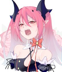 1girl bare_shoulders black_dress commentary detached_collar detached_sleeves dress english_commentary fangs flower hair_between_eyes hair_ornament highres krul_tepes long_hair looking_at_viewer open_mouth owari_no_seraph pink_hair pointy_ears red_eyes red_flower red_ribbon red_rose ribbon rose simple_background solo vampire white_background yuu_naay