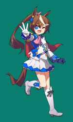 Rule 34 | 1girl, absurdres, animal ears, ascot, asymmetrical gloves, blue eyes, blue gloves, boots, breasts, brown hair, cape, collared jacket, epaulettes, full body, gloves, green background, high heel boots, high heels, highres, horse ears, horse girl, horse tail, jacket, long hair, long sleeves, looking at viewer, miniskirt, mismatched gloves, one eye closed, open mouth, outstretched arm, pink ascot, ponytail, reaching, reaching towards viewer, red cape, simple background, single epaulette, skirt, small breasts, smile, solo, standing, suzuhara kenji, tail, thighhighs, tokai teio (umamusume), umamusume, w, walking, white footwear, white gloves, white jacket, white skirt