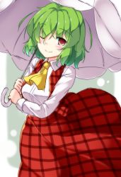 Rule 34 | 1girl, ;), aka tawashi, ascot, border, breasts, commentary request, cowboy shot, green background, green hair, highres, holding, holding umbrella, kazami yuuka, long skirt, long sleeves, looking at viewer, medium breasts, one-hour drawing challenge, one eye closed, plaid, plaid skirt, plaid vest, red eyes, red skirt, red vest, shirt, short hair, simple background, skirt, smile, solo, standing, touhou, umbrella, vest, white border, white shirt, wing collar, yellow ascot