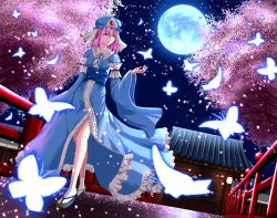 Rule 34 | 1girl, bad id, bad pixiv id, blue moon, bug, butterfly, cherry blossoms, collarbone, ddfftasogare, full moon, hat, highres, insect, japanese clothes, moon, pink eyes, pink hair, saigyouji yuyuko, sandals, smile, solo, tasogare (ddfftasogare), touhou, triangular headpiece, walking, zouri