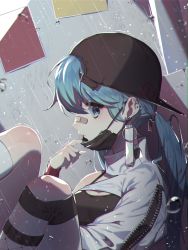 Rule 34 | 1girl, asymmetrical legwear, backwards hat, bandaid, bandaid on face, bandaid on nose, baseball cap, black hat, blue eyes, blue hair, ear piercing, earrings, fishnet thighhighs, fishnets, hand up, hat, hatsune miku, highres, jacket, jewelry, knees up, long hair, looking at viewer, looking to the side, low ponytail, mask, mask pull, mismatched legwear, mouth mask, piercing, ponytail, puffy sleeves, pulled by self, rain, rimsuk, solo, stud earrings, surgical mask, thighhighs, very long hair, vocaloid, white jacket, white thighhighs, wristband