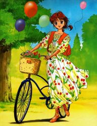 Rule 34 | 1990s (style), 1girl, ankle lace-up, backpack, bag, balloon, basket, bicycle, black eyes, blue sky, brown hair, cross-laced footwear, day, dress, floral print, flower, full body, koishikawa miki, long dress, looking at viewer, marmalade boy, official art, orange footwear, outdoors, print dress, retro artstyle, shadow, shoes, short ponytail, sky, smile, solo, standing, sunlight, tree, yoshizumi wataru